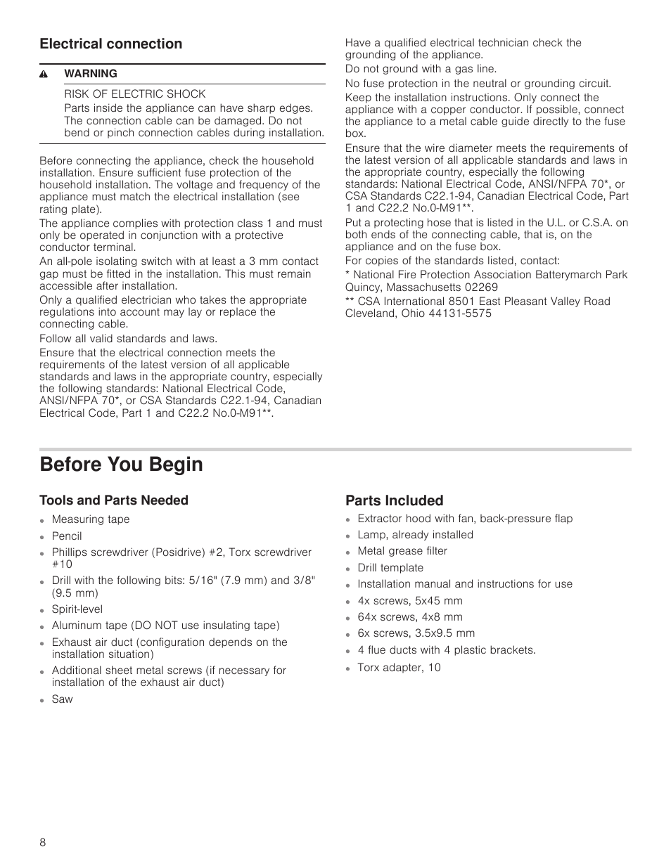 Electrical connection, 9 warning, Risk of electric shock | Before you begin, Tools and parts needed, Parts included, Ou begin tools and parts needed parts included | Bosch HIB82651UC User Manual | Page 8 / 40