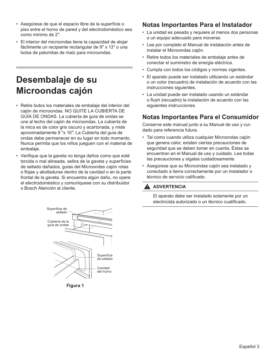 Desembalaje de su microondas cajón, Notas importantes para el instalador, Notas importantes para el consumidor | Bosch HMD8451UC User Manual | Page 18 / 24