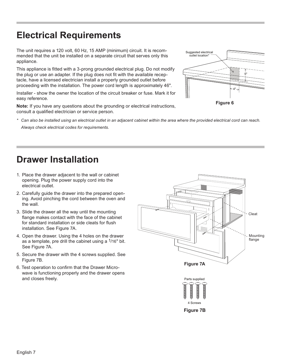 Electrical requirements, Drawer installation | Bosch HMD8451UC User Manual | Page 7 / 24