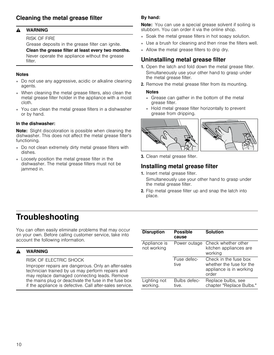 Cleaning the metal grease filter, 9 warning, Risk of fire | Notes, In the dishwasher, Note, By hand, Uninstalling metal grease filter, Remove the metal grease filter from its mounting, Clean metal grease filter | Bosch HCG56651UC User Manual | Page 10 / 40