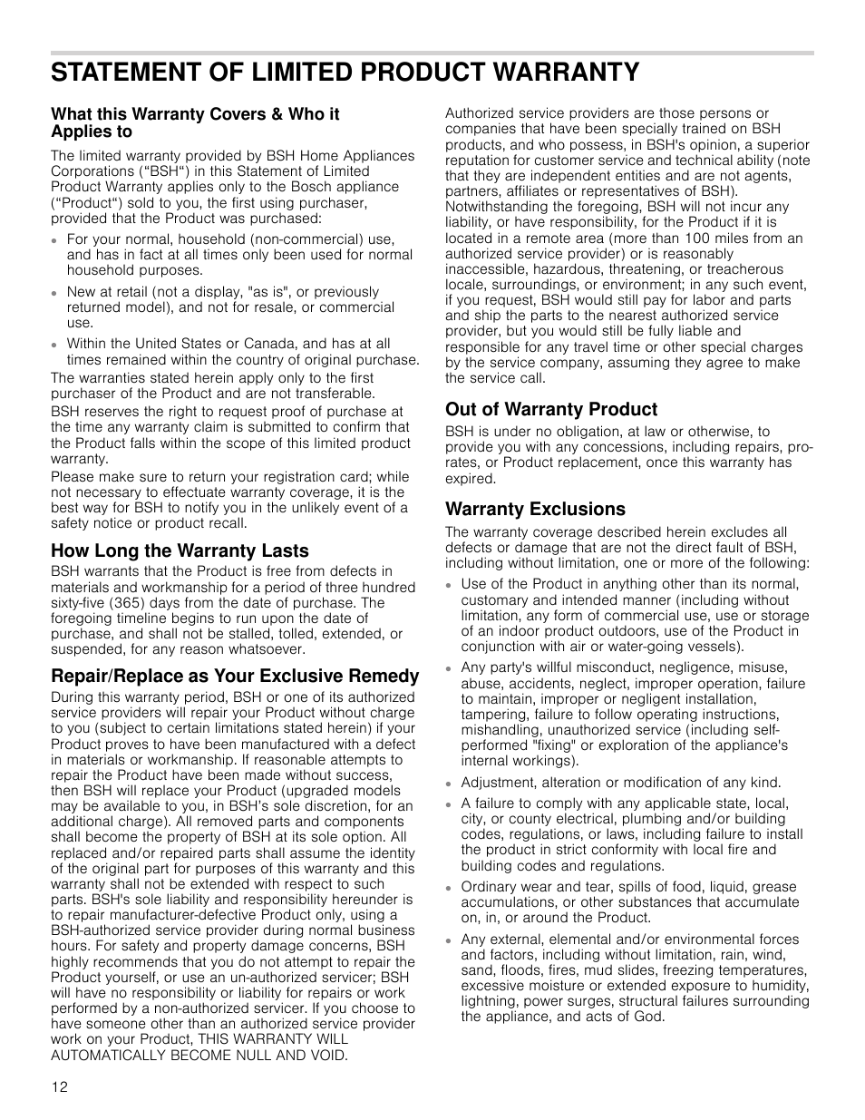 Statement of limited product warranty, What this warranty covers & who it applies to, How long the warranty lasts | Repair/replace as your exclusive remedy, Out of warranty product, Warranty exclusions | Bosch HCG56651UC User Manual | Page 12 / 40