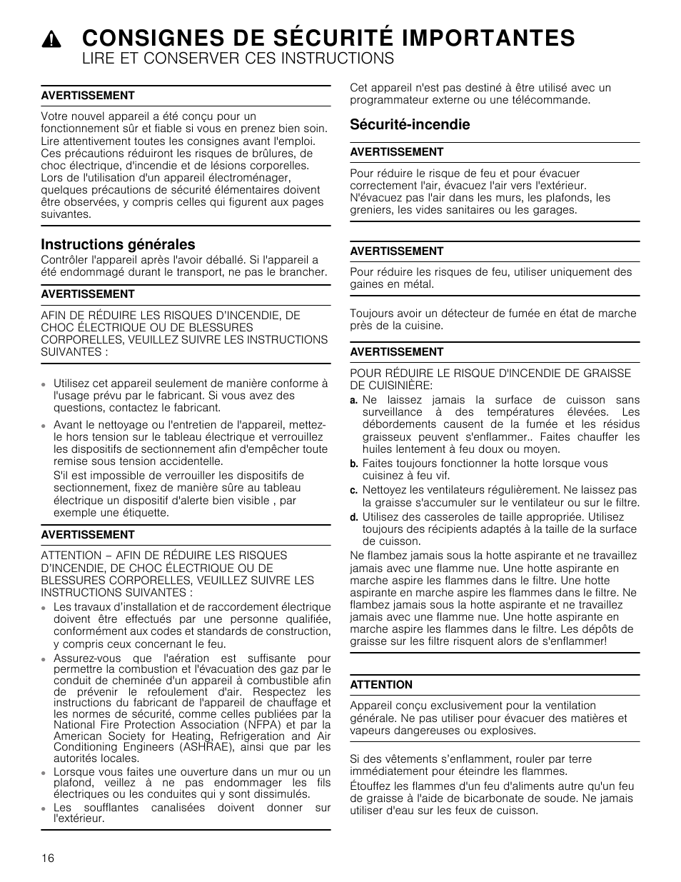 Consignes de sécurité importantes, Lire et conserver ces instructions, Avertissement | Instructions générales, Sécurité-incendie, Attention, Antes instructions générales sécurité-incendie | Bosch HCG56651UC User Manual | Page 16 / 40