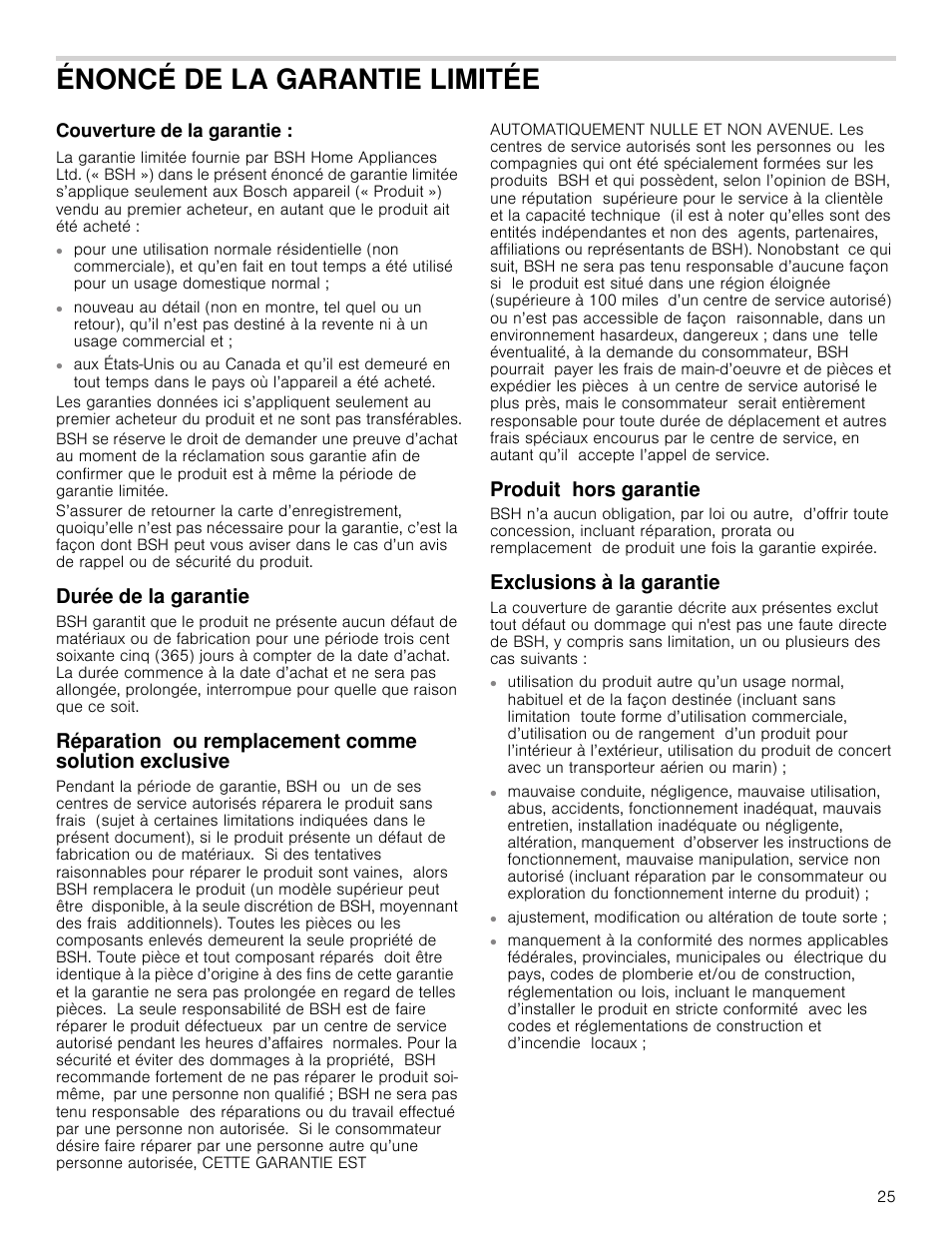 Énoncé de la garantie limitée, Couverture de la garantie, Durée de la garantie | Produit hors garantie, Exclusions à la garantie | Bosch HCG56651UC User Manual | Page 25 / 40