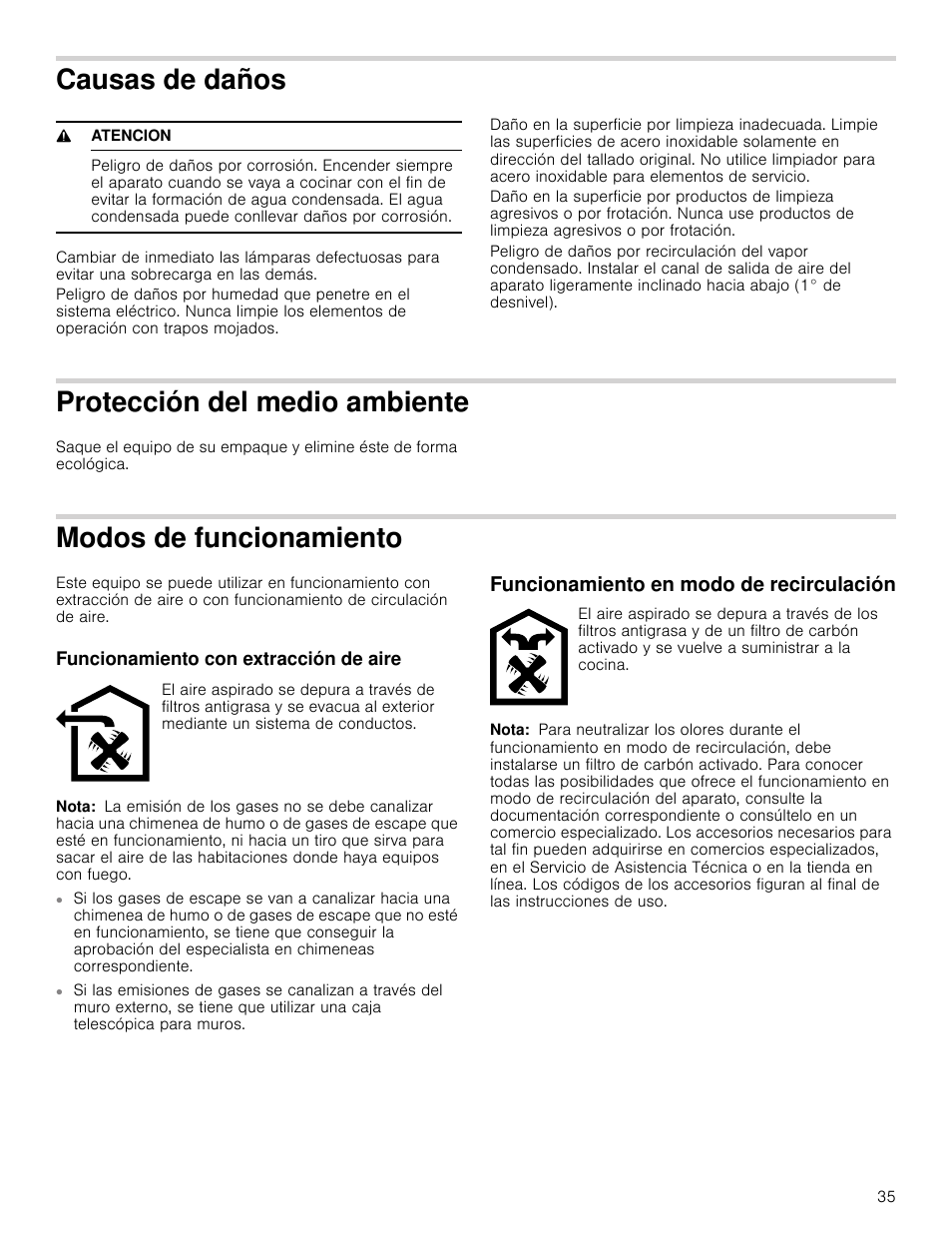 Causas de daños, 9 atencion, Protección del medio ambiente | Modos de funcionamiento, Funcionamiento con extracción de aire, Nota, Funcionamiento en modo de recirculación, Ección del medio ambiente | Bosch HUI54451UC User Manual | Page 35 / 44