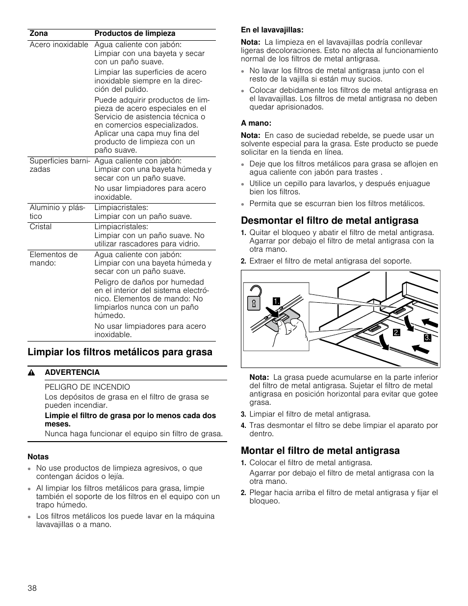 Limpiar los filtros metálicos para grasa, 9 advertencia, Peligro de incendio | Notas, En el lavavajillas, Nota, A mano, Desmontar el filtro de metal antigrasa, Extraer el filtro de metal antigrasa del soporte, Limpiar el filtro de metal antigrasa | Bosch HUI54451UC User Manual | Page 38 / 44