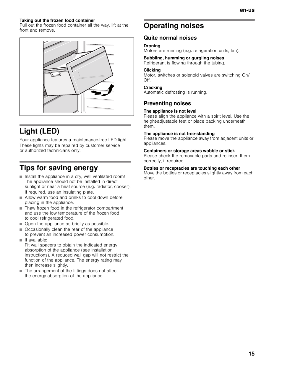 Taking out the frozen food container, Light (led), Tips for saving energy | Operating noises, Quite normal noises, Droning, Bubbling, humming or gurgling noises, Clicking, Cracking, Preventing noises | Bosch B11CB50SSS User Manual | Page 15 / 55