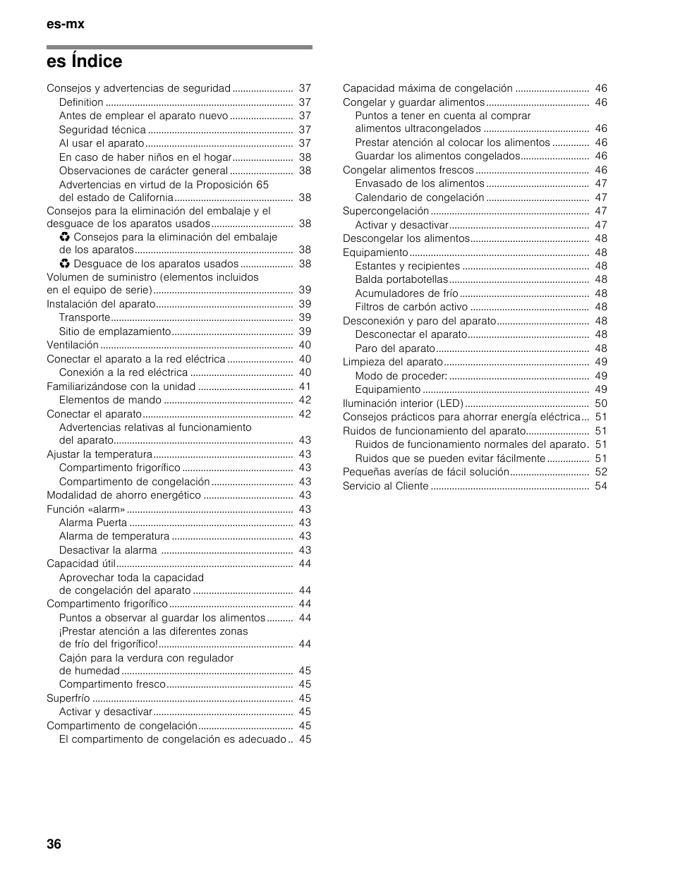 Es índicees instrucciones de uso, Índice, Es índice | Es-mx 36 | Bosch B11CB50SSS User Manual | Page 36 / 55