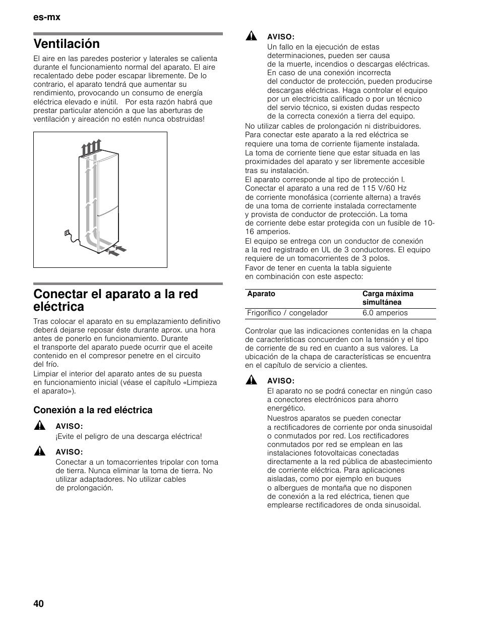 Ventilación, Conectar el aparato a la red eléctrica, Conexión a la red eléctrica | Aviso, Evite el peligro de una descarga eléctrica | Bosch B11CB50SSS User Manual | Page 40 / 55