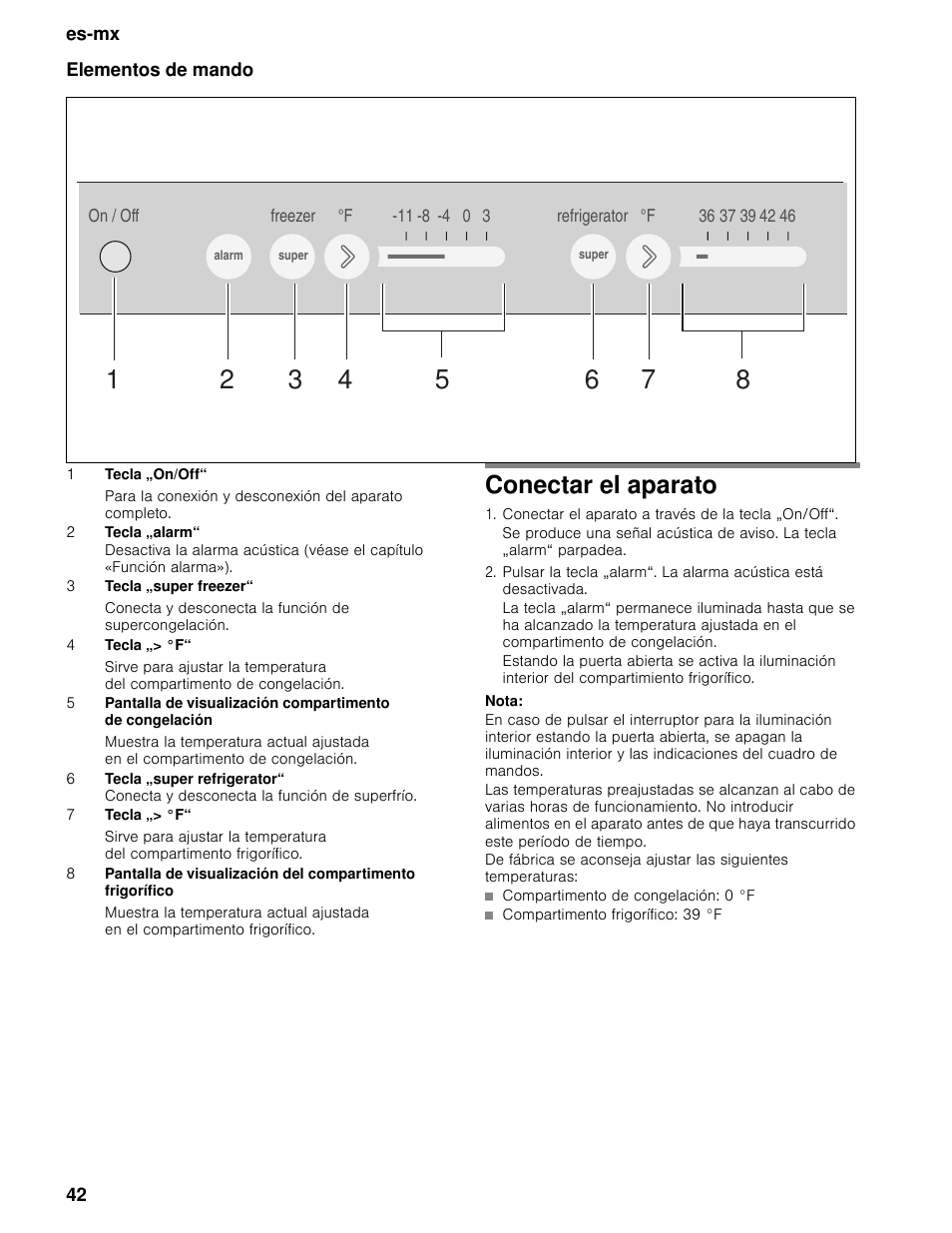 Elementos de mando, Conectar el aparato, Conectar el aparato a través de la tecla „on/off | Nota | Bosch B11CB50SSS User Manual | Page 42 / 55
