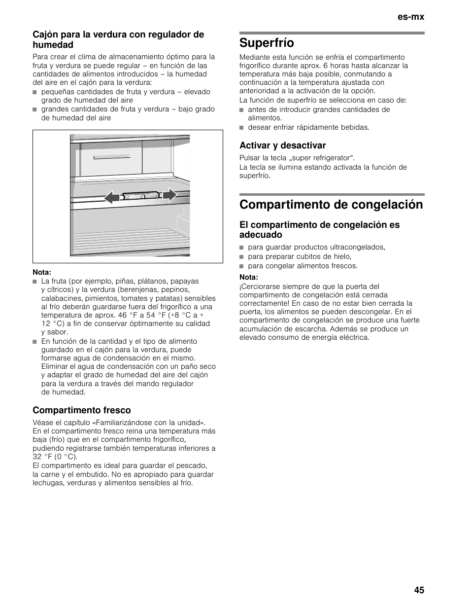 Cajón para la verdura con regulador de humedad, Nota, Compartimento fresco | Superfrío, Activar y desactivar, Compartimento de congelación, El compartimento de congelación es adecuado, De humedad | Bosch B11CB50SSS User Manual | Page 45 / 55
