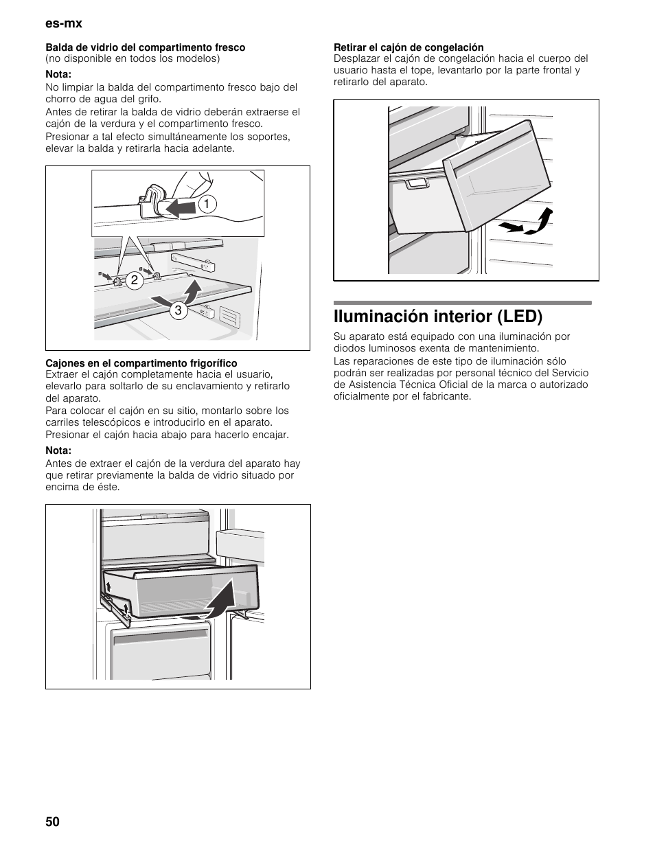 Balda de vidrio del compartimento fresco, Nota, Cajones en el compartimento frigorífico | Retirar el cajón de congelación, Iluminación interior (led) | Bosch B11CB50SSS User Manual | Page 50 / 55