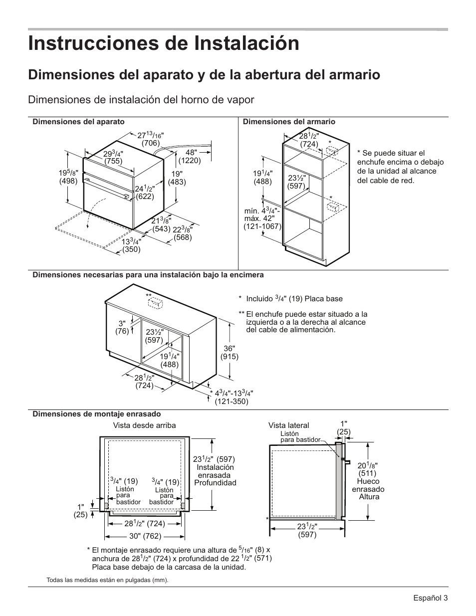 Instrucciones de instalación, Dimensiones de instalación del horno de vapor | Bosch HSLP451UC User Manual | Page 21 / 26