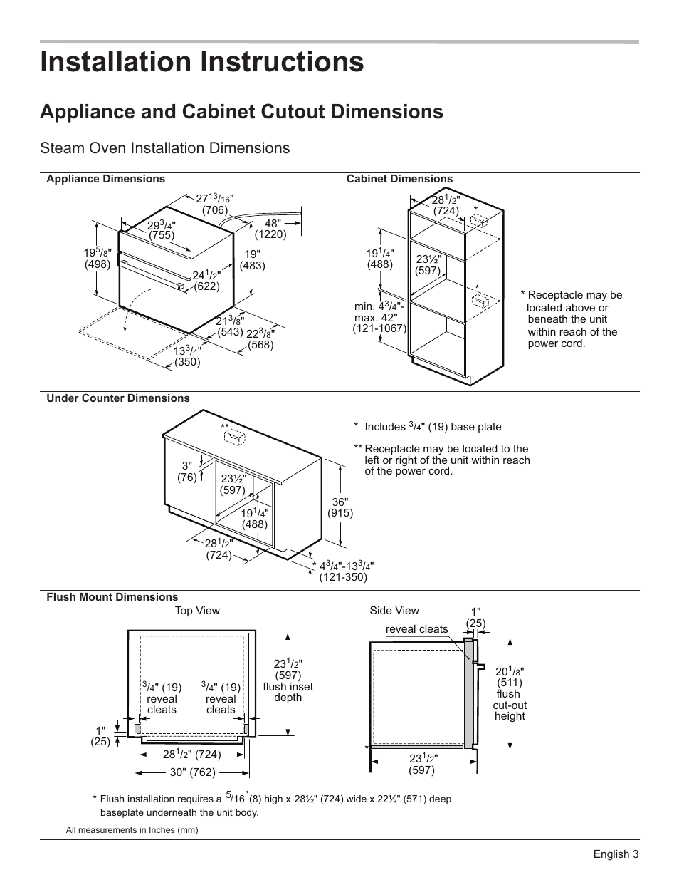 Installation instructions, Appliance and cabinet cutout dimensions, Steam oven installation dimensions | Bosch HSLP451UC User Manual | Page 5 / 26