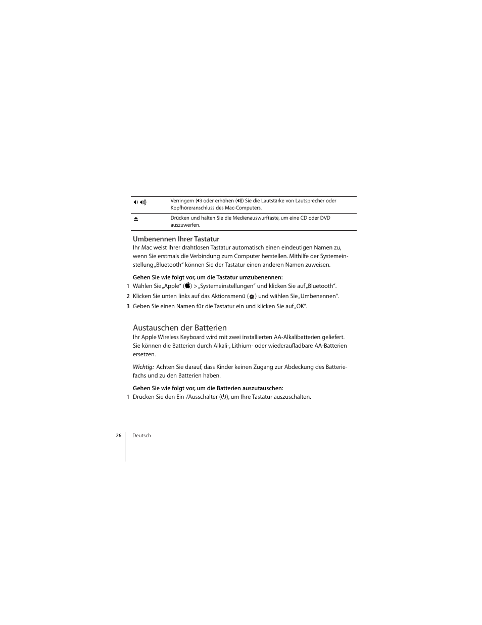 Umbenennen ihrer tastatur, Austauschen der batterien, Seite 26) | Apple Wireless Keyboard (2009) User Manual | Page 26 / 64