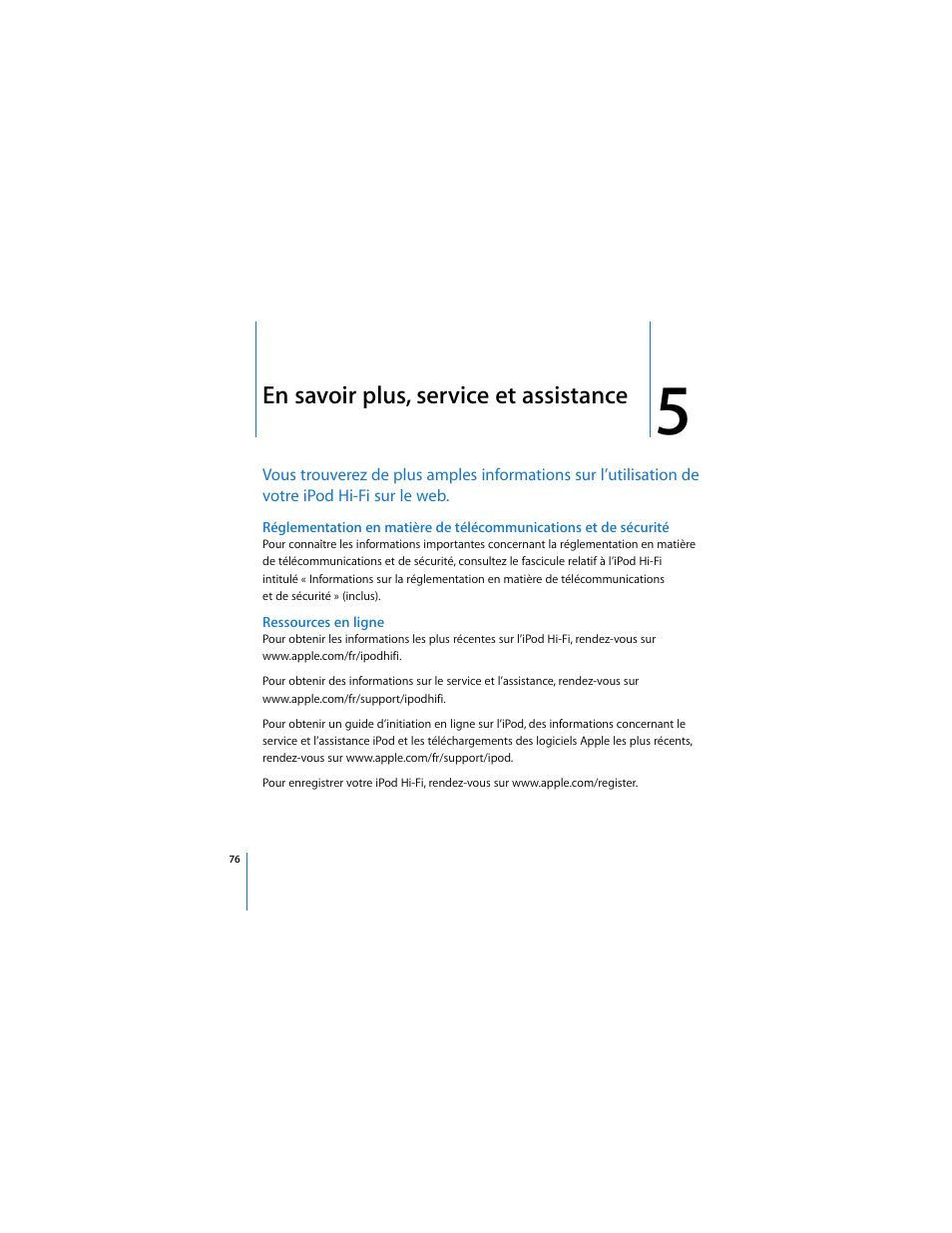 Chapitre: 5 “en savoir plus, service et assistance, En savoir plus, service et assistance | Apple iPod Hi-Fi (User’s Guide) User Manual | Page 76 / 104