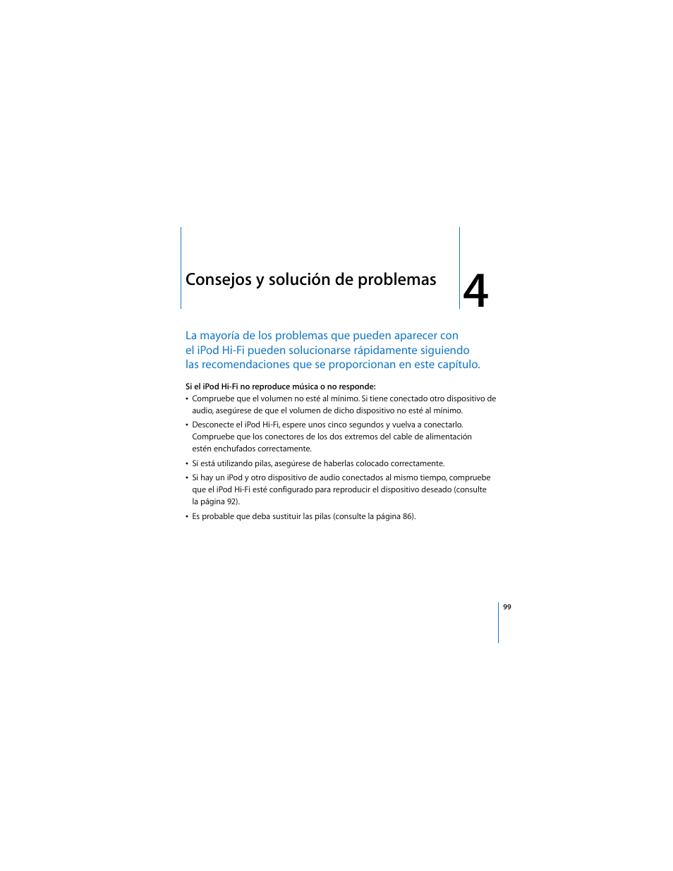 Capítulo: 4 “consejos y solución de problemas, Consejos y solución de problemas | Apple iPod Hi-Fi (User’s Guide) User Manual | Page 99 / 104
