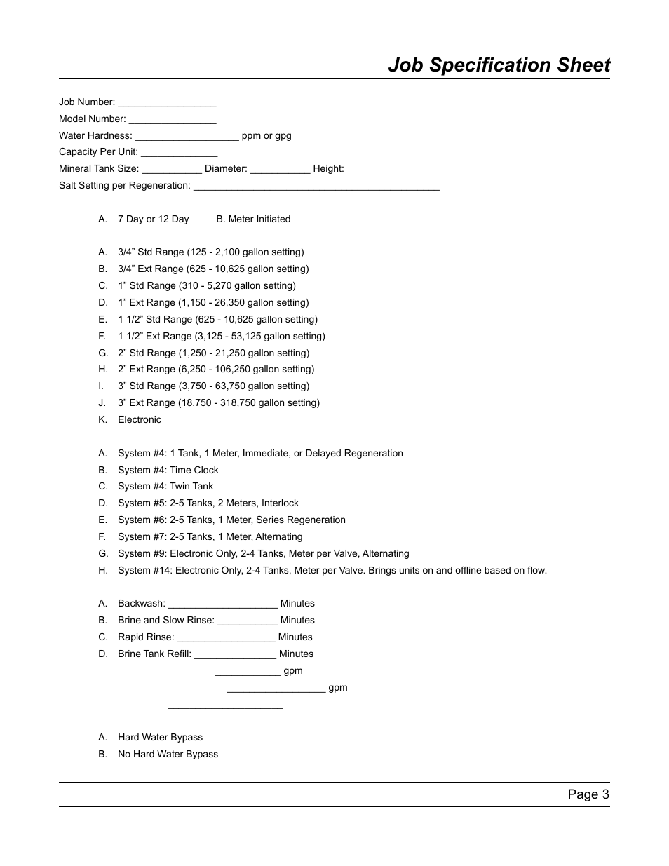 Job specification sheet, Page 3 | Water Inc SXT Timer User Manual | Page 3 / 36