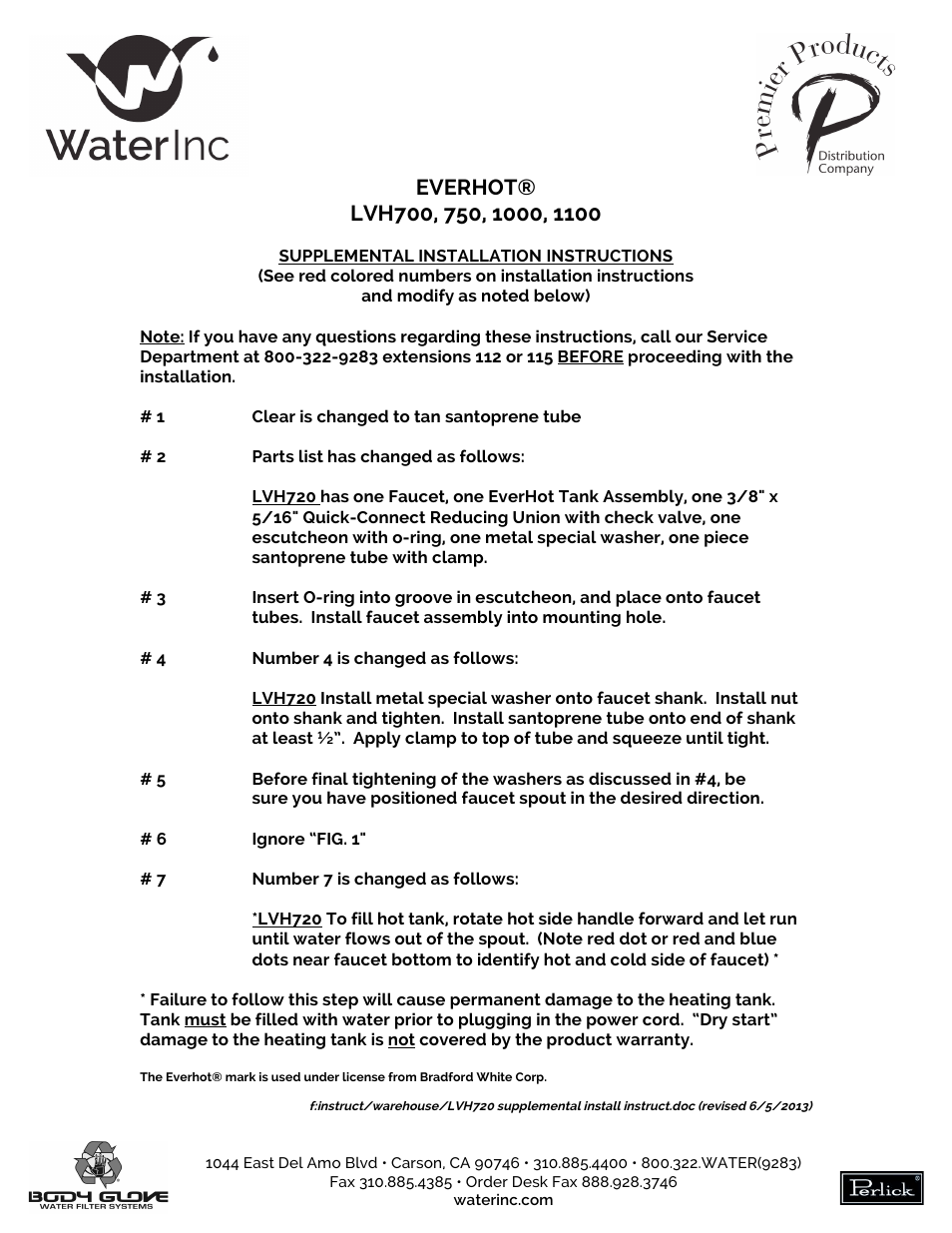 Water Inc LVH 1100 User Manual | 1 page