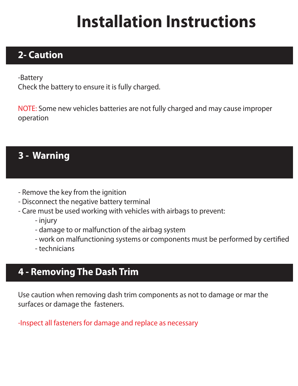 Installation instructions, Caution, 3 - warning | 4 - removing the dash trim | Myron&Davis NV7TVZ1 User Manual | Page 3 / 10
