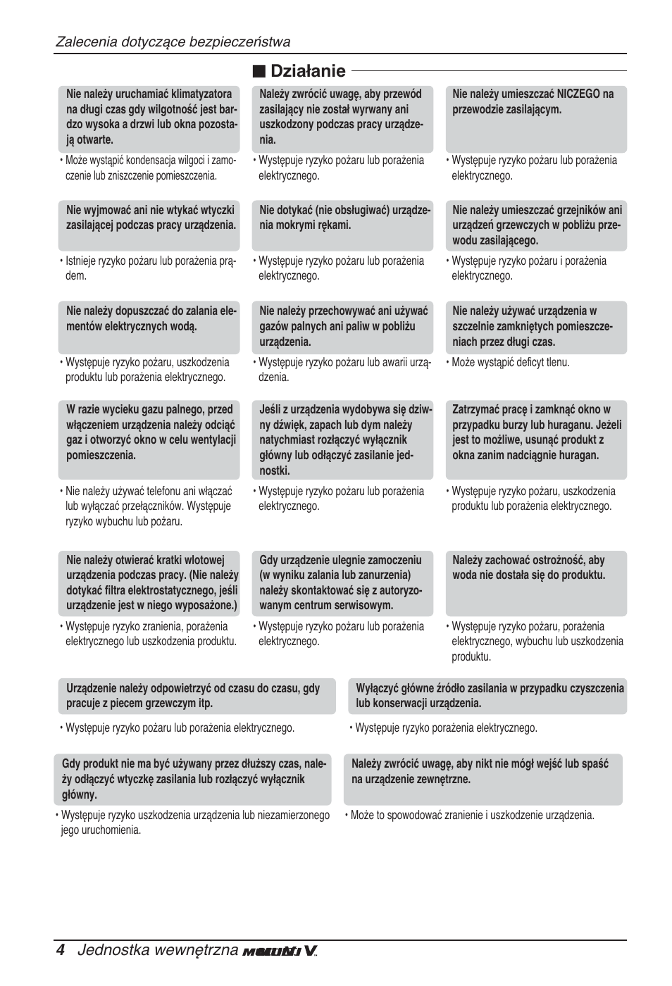 Działanie, 4 jednostka wewnętrzna | LG ARNU05GTRC2 User Manual | Page 100 / 205