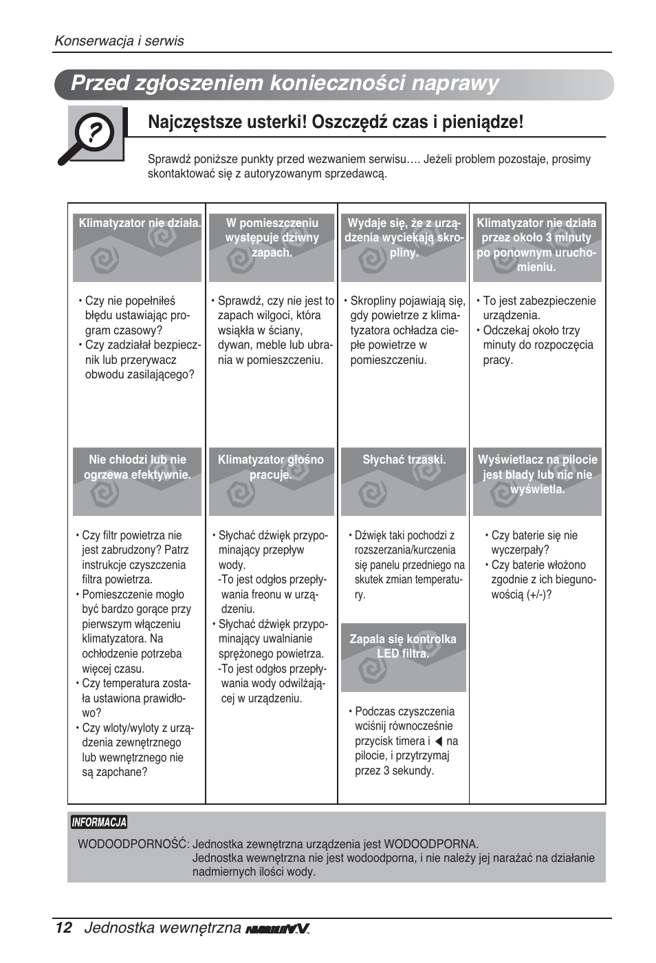 Przed zgłoszeniem konieczności naprawy, Najczęstsze usterki! oszczędź czas i pieniądze, 12 jednostka wewnętrzna | LG ARNU05GTRC2 User Manual | Page 108 / 205