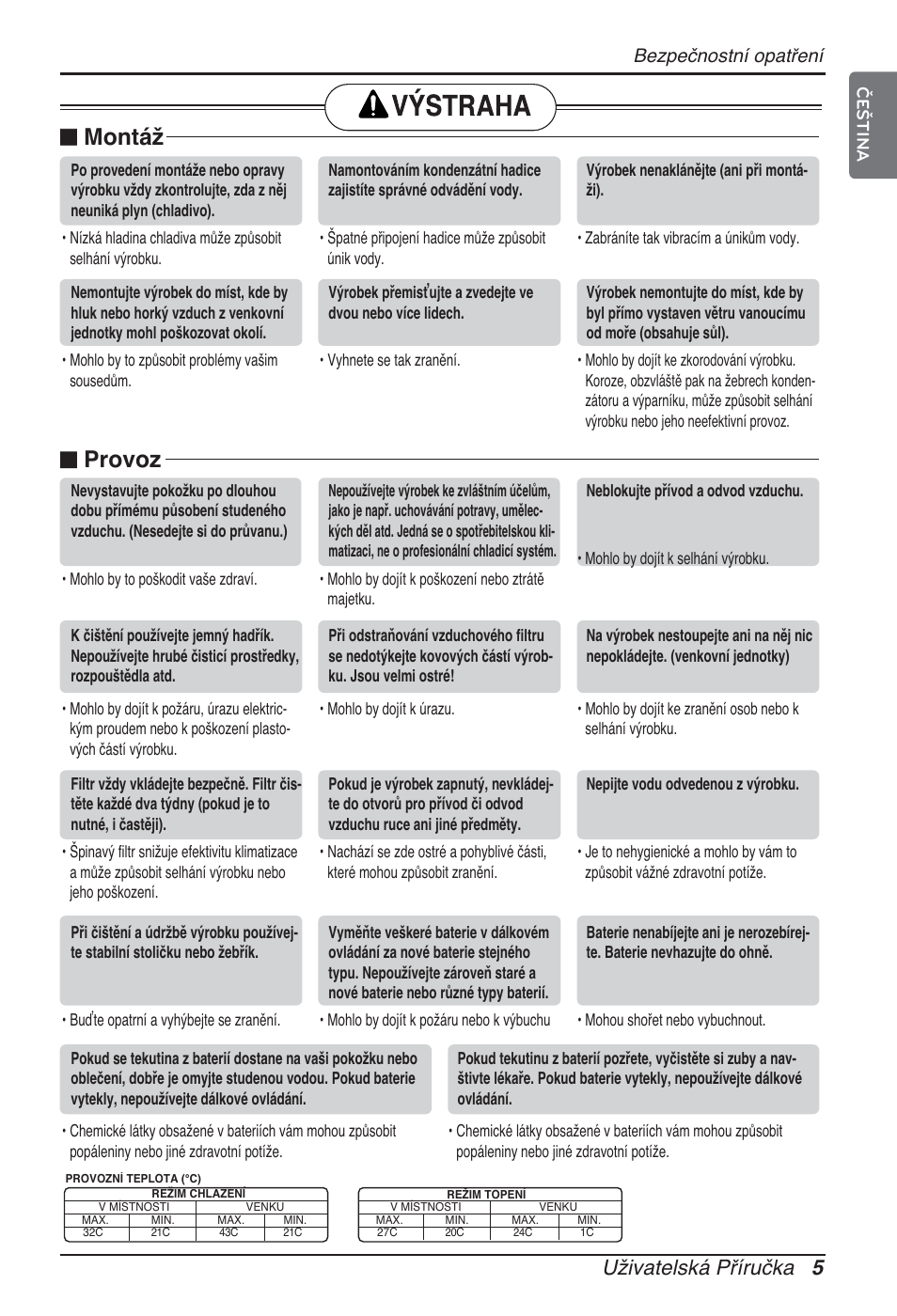 Provoz, Montáž, Uživatelská příručka 5 | Bezpečnostní opatření | LG ARNU05GTRC2 User Manual | Page 125 / 205