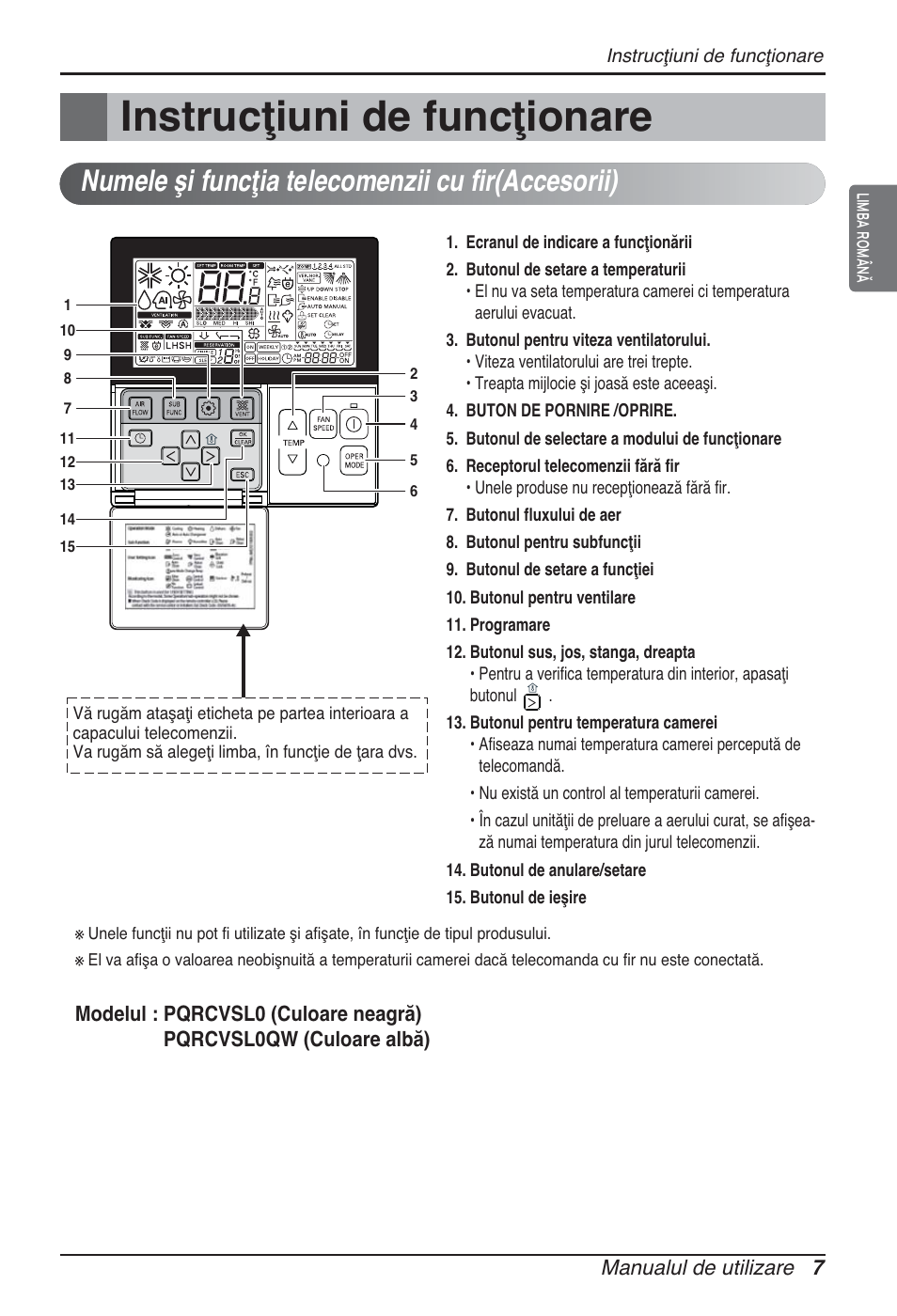 Instrucţiuni de funcţionare, Numele şi funcţia telecomenzii cu fir(accesorii) | LG ARNU05GTRC2 User Manual | Page 139 / 205