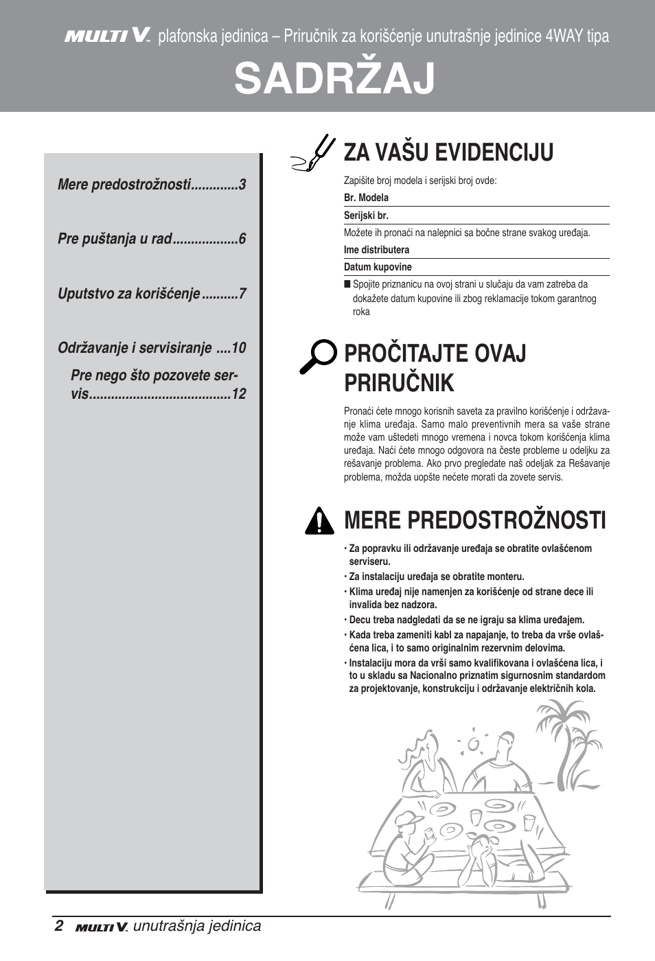 Sadržaj, Za vašu evidenciju, Pročitajte ovaj priručnik | Mere predostrožnosti | LG ARNU05GTRC2 User Manual | Page 158 / 205