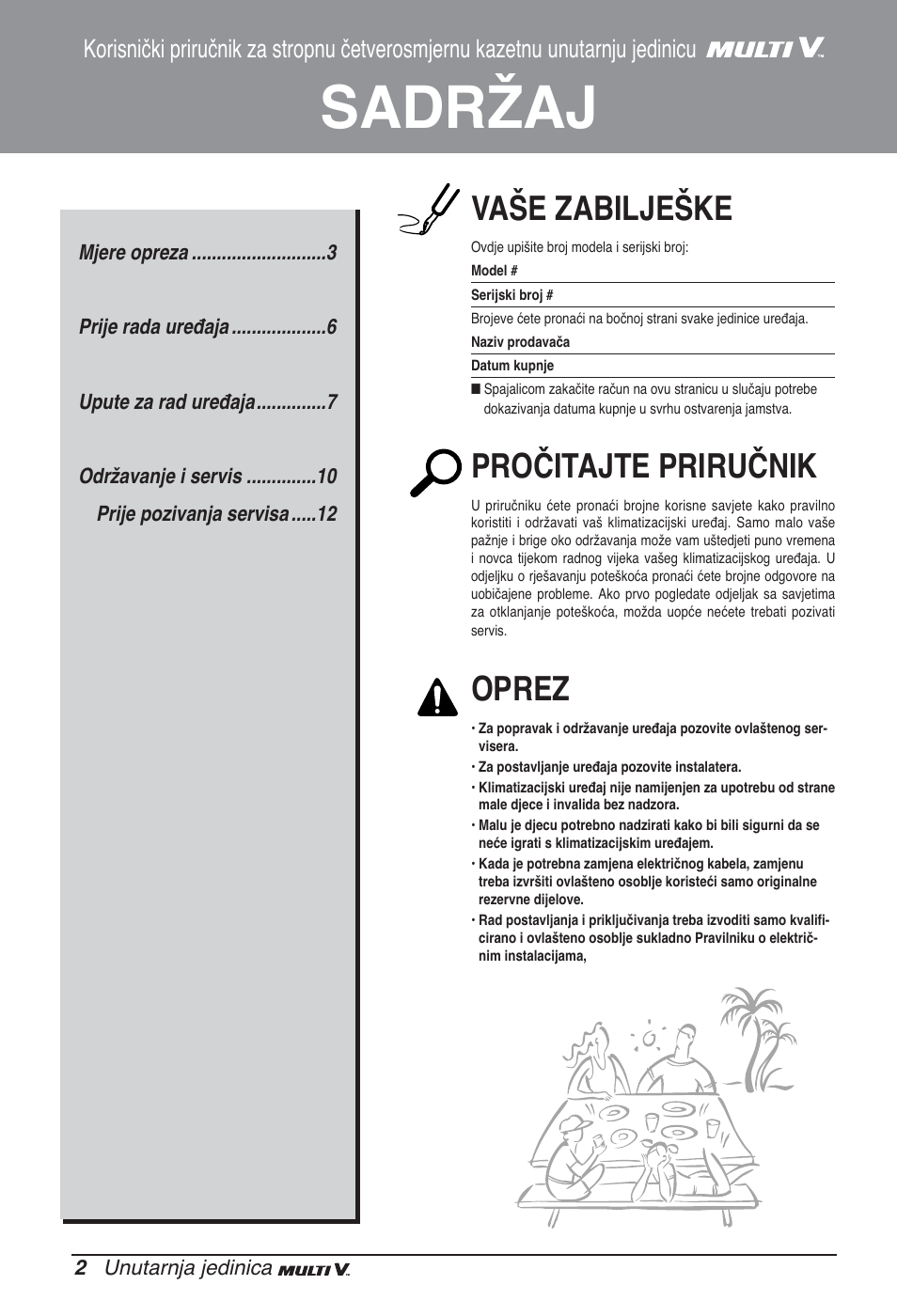 Sadržaj, Vaše zabilješke, Pročitajte priručnik | Oprez | LG ARNU05GTRC2 User Manual | Page 170 / 205