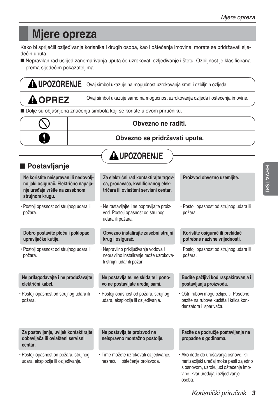 Mjere opreza, Postavljanje, Korisnički priručnik 3 | Obvezno ne raditi. obvezno se pridržavati uputa | LG ARNU05GTRC2 User Manual | Page 171 / 205