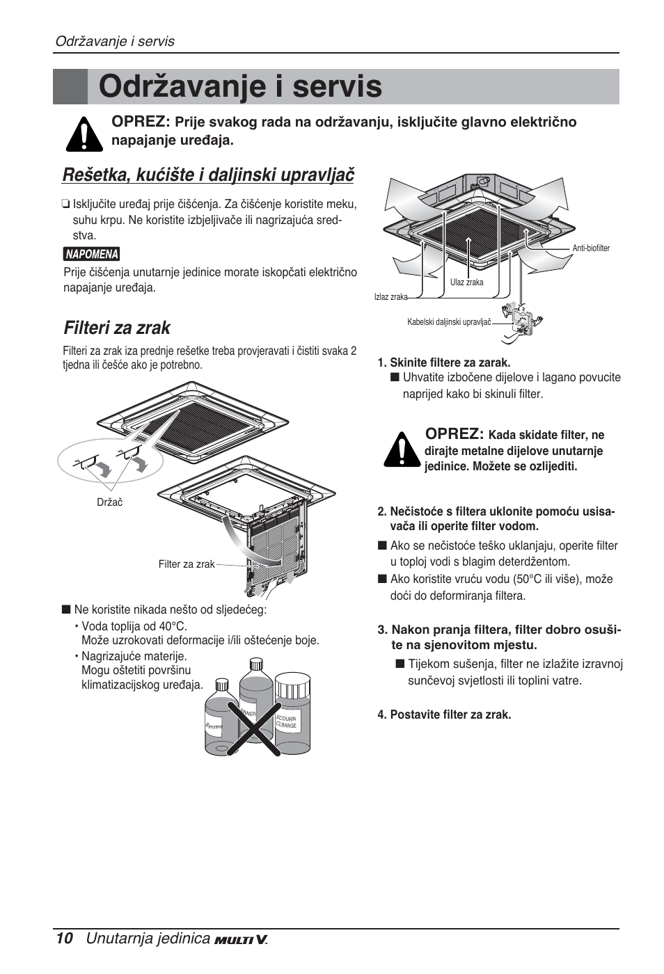 Održavanje i servis, Rešetka, kućište i daljinski upravljač, Filteri za zrak | 10 unutarnja jedinica, Oprez | LG ARNU05GTRC2 User Manual | Page 178 / 205