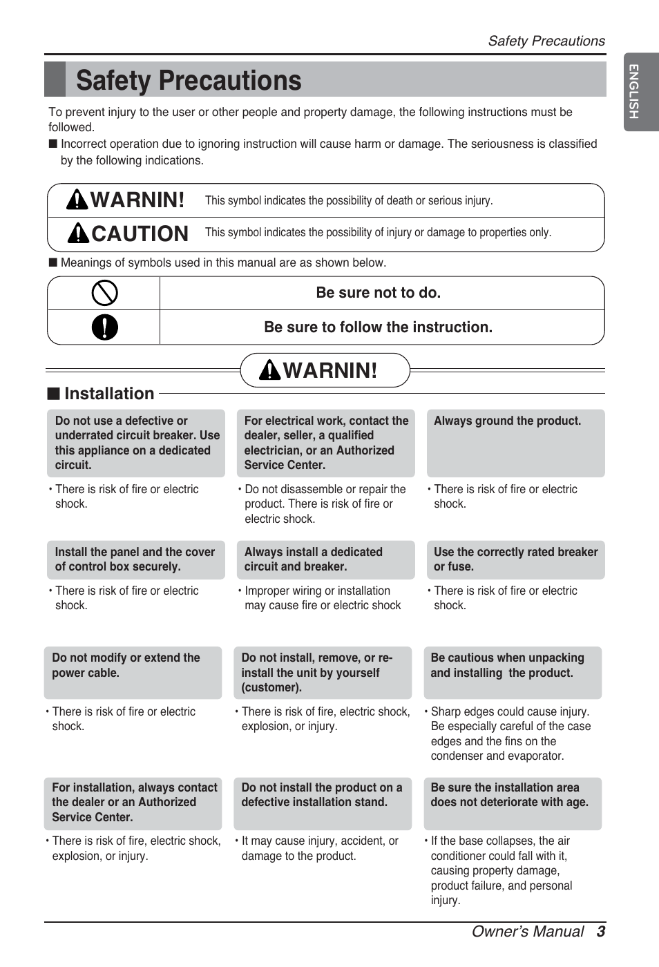 Safety precautions, Warning caution, Warning | Installation | LG ARNU05GTRC2 User Manual | Page 3 / 205