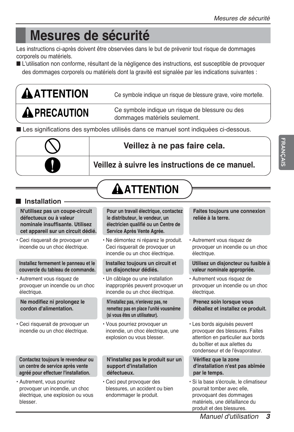 Mesures de sécurité, Attention precaution, Attention | LG ARNU05GTRC2 User Manual | Page 39 / 205