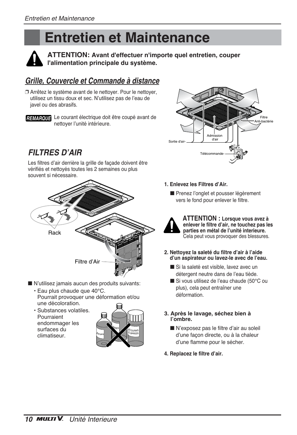 Filtres d’air, Grille, couvercle et commande à distance, 10 unité interieure | Attention, Entretien et maintenance | LG ARNU05GTRC2 User Manual | Page 46 / 205
