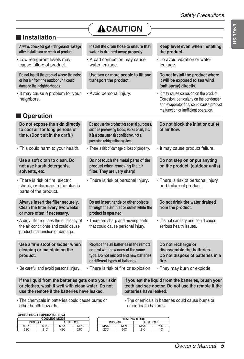 Caution, Installation, Operation | Owner’s manual 5, Safety precautions | LG ARNU05GTRC2 User Manual | Page 5 / 205