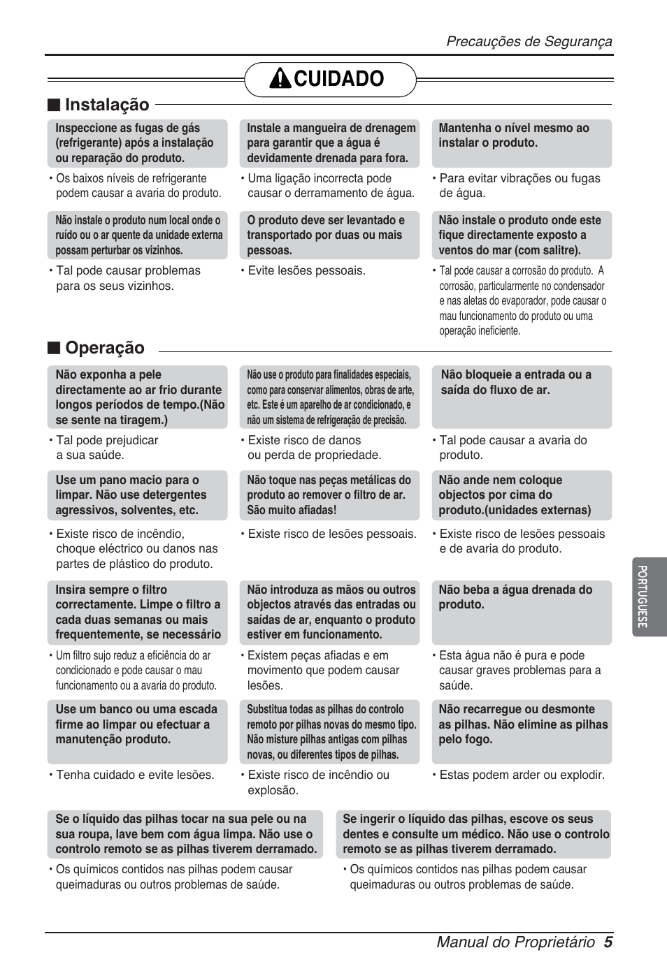 Cuidado, Instalação, Operação | Manual do proprietário 5 | LG ARNU05GTRC2 User Manual | Page 77 / 205