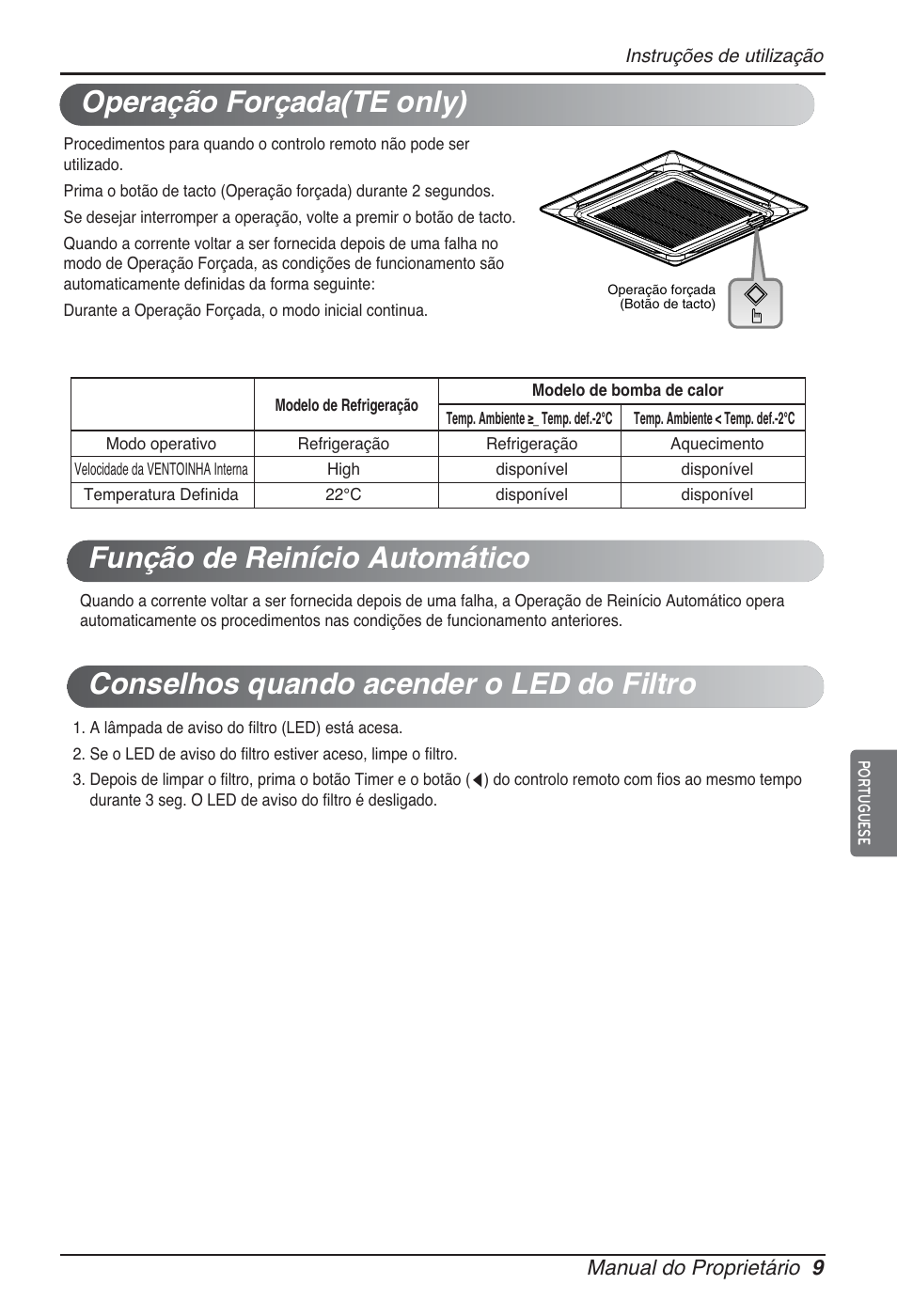 Operação forçada(te only), Manual do proprietário 9 | LG ARNU05GTRC2 User Manual | Page 81 / 205