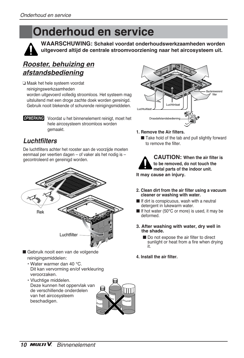 Onderhoud en service, Rooster, behuizing en afstandsbediening, Luchtfilters | 10 binnenelement, Caution, Waarschuwing | LG ARNU05GTRC2 User Manual | Page 94 / 205