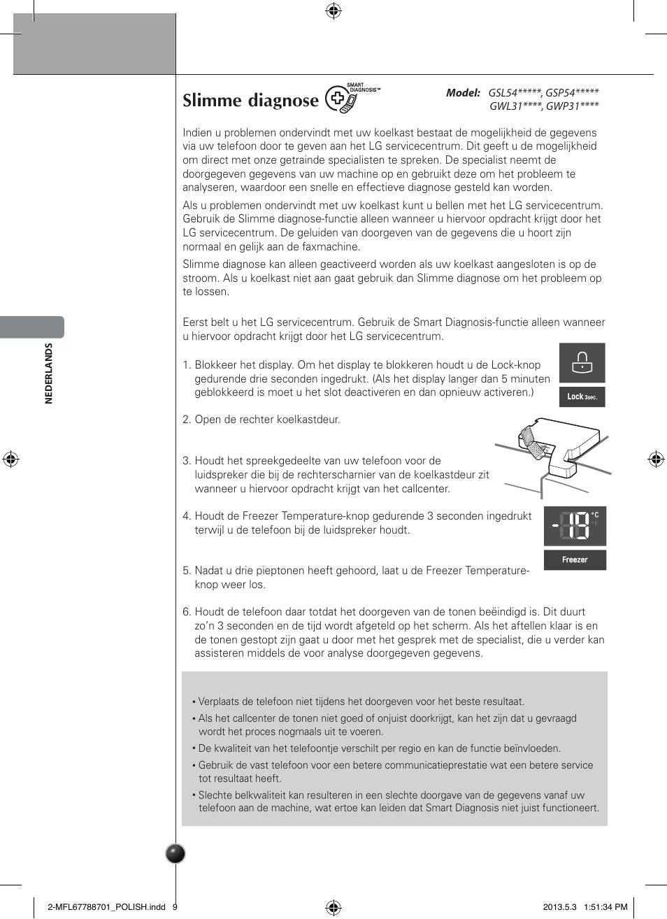 Ostrożnie, Slimme diagnose, Verzorging en onderhoud | LG GSL545NSQV User Manual | Page 110 / 324