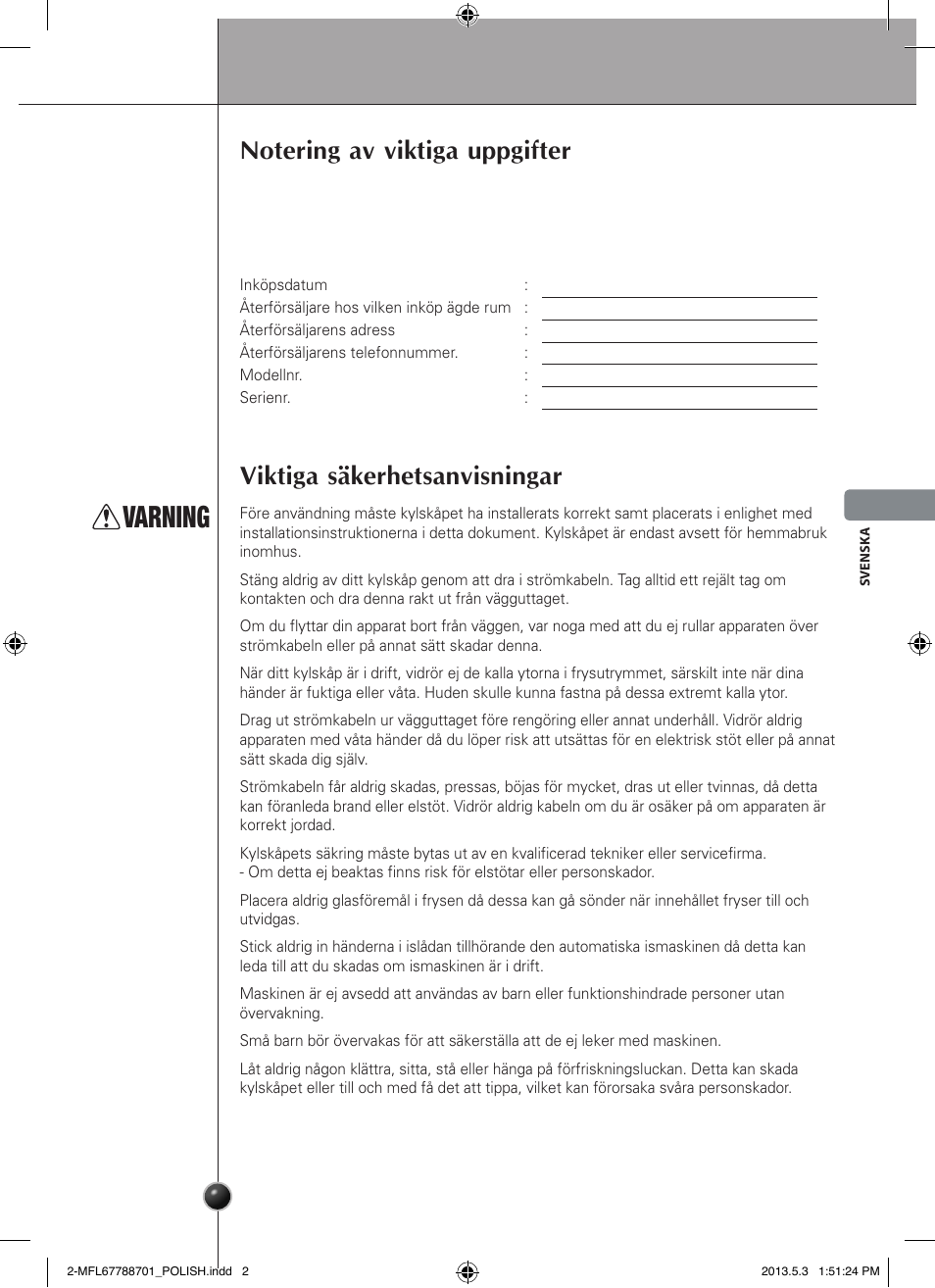 Varning, Viktiga säkerhetsanvisningar, Inledning | LG GSL545NSQV User Manual | Page 115 / 324