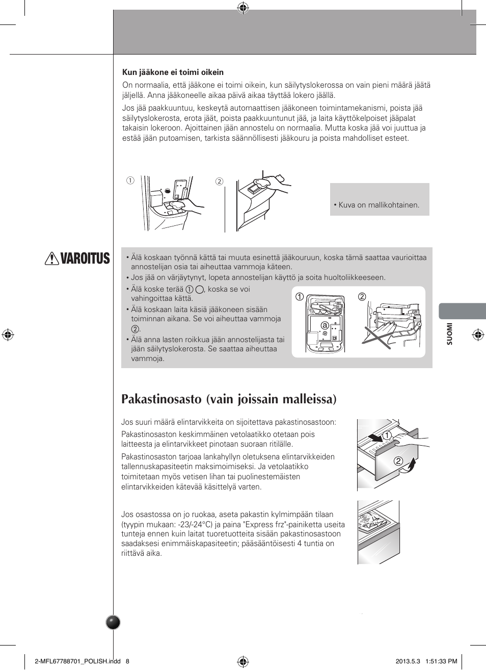 Varoitus, Pakastinosasto (vain joissain malleissa), Käyttö | LG GSL545NSQV User Manual | Page 149 / 324