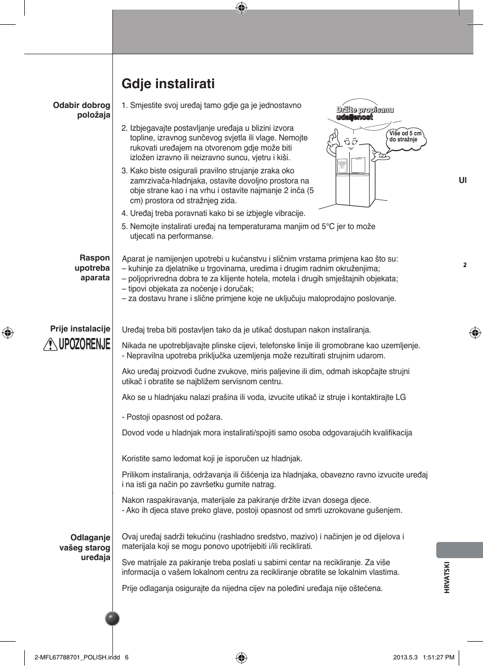 Upozorenje, Gdje instalirati, Instaliranje | LG GSL545NSQV User Manual | Page 287 / 324