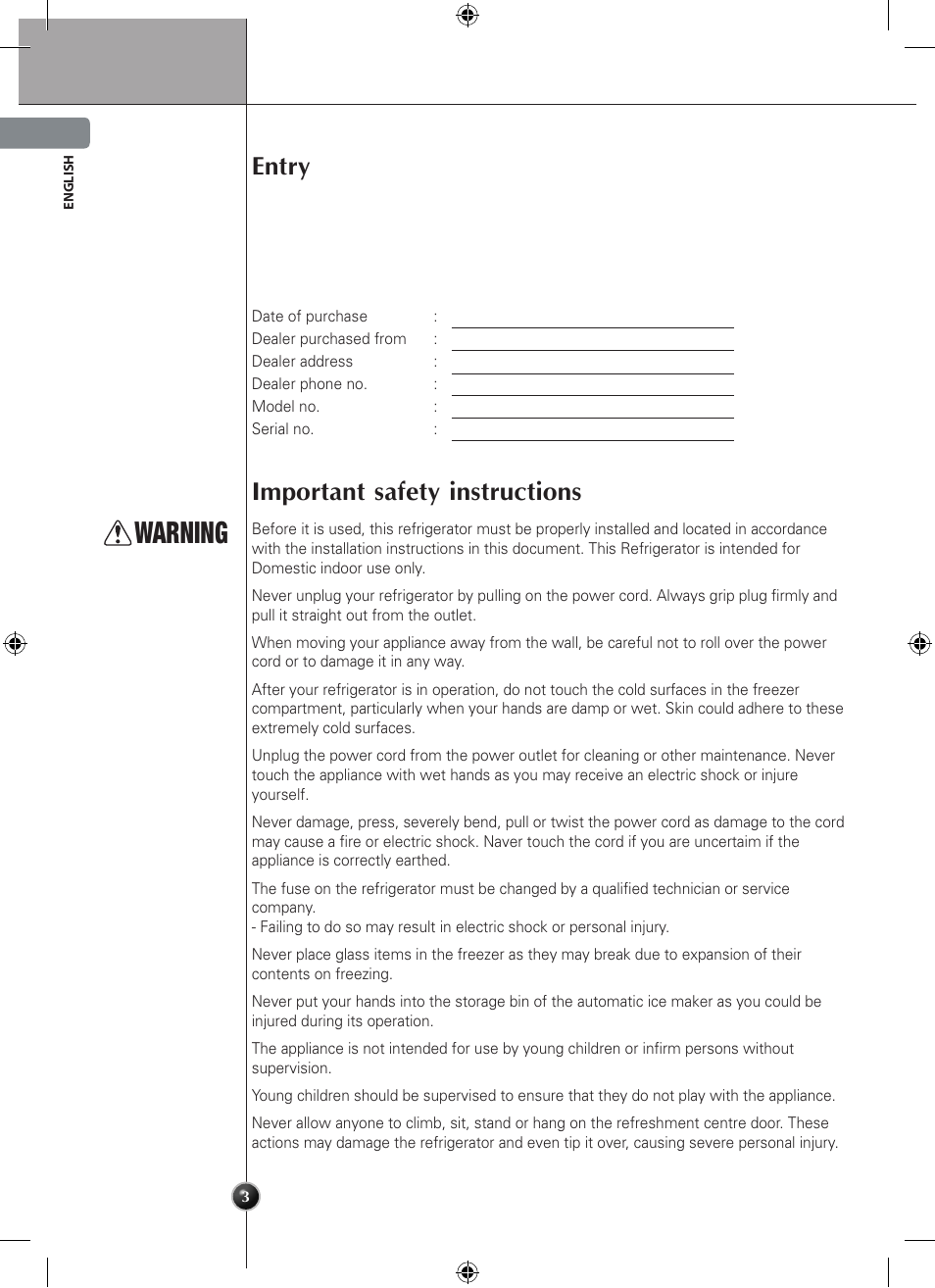 Warning, Entry, Important safety instructions | Introduction | LG GSL545NSQV User Manual | Page 4 / 324