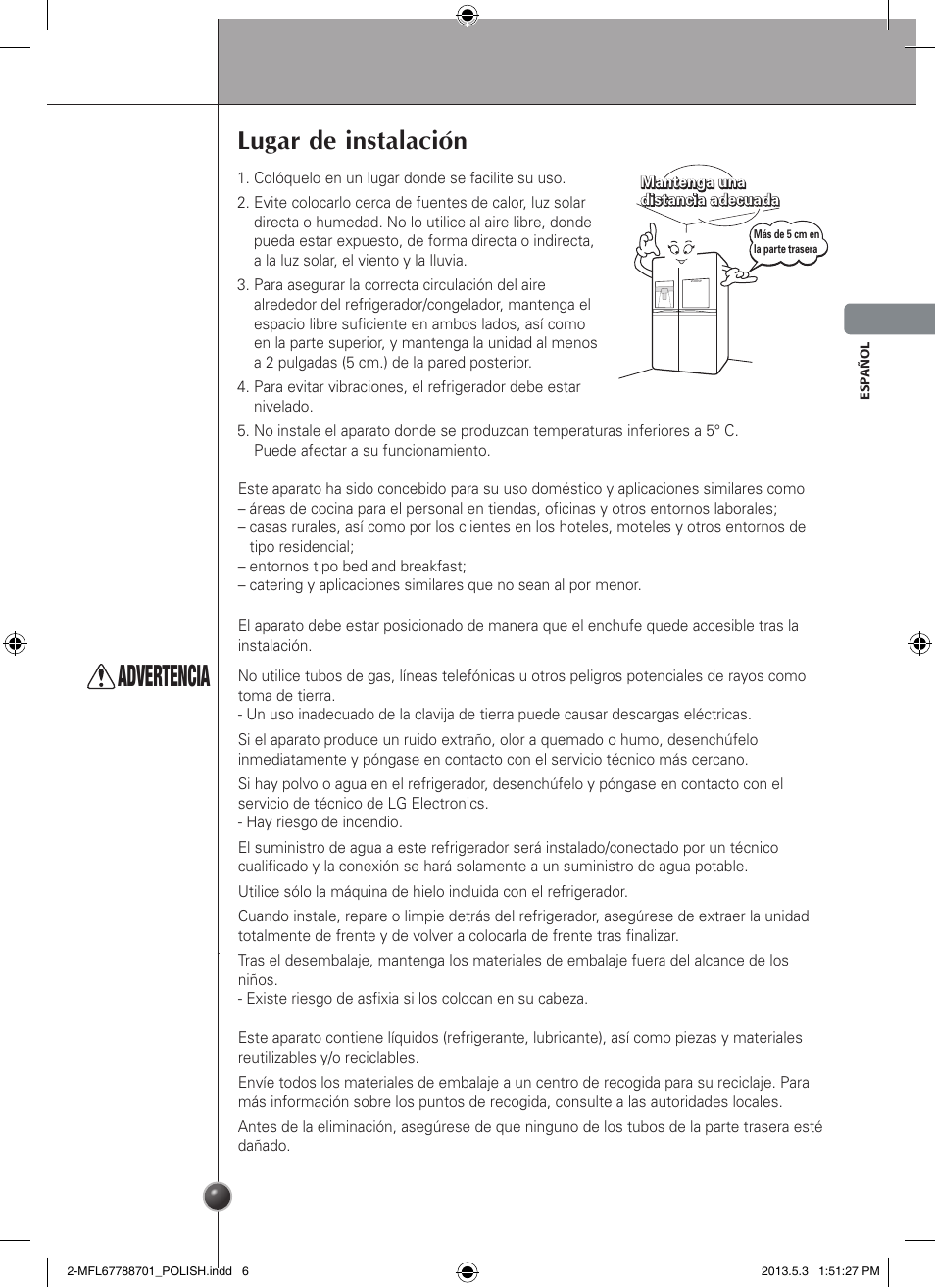 Advertencia, Lugar de instalación, Instalación | LG GSL545NSQV User Manual | Page 63 / 324