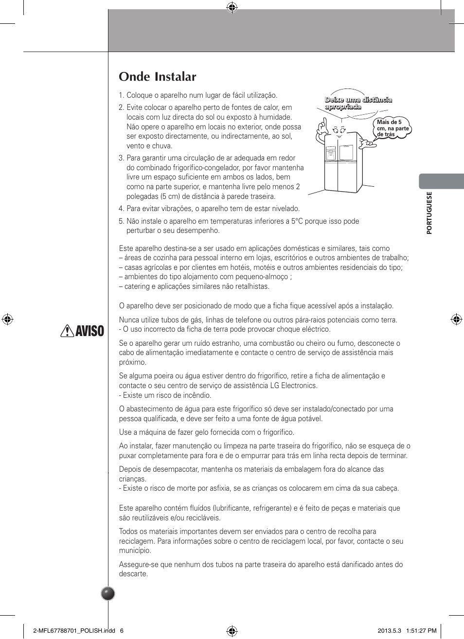 Aviso, Onde instalar, Instalação | LG GSL545NSQV User Manual | Page 77 / 324