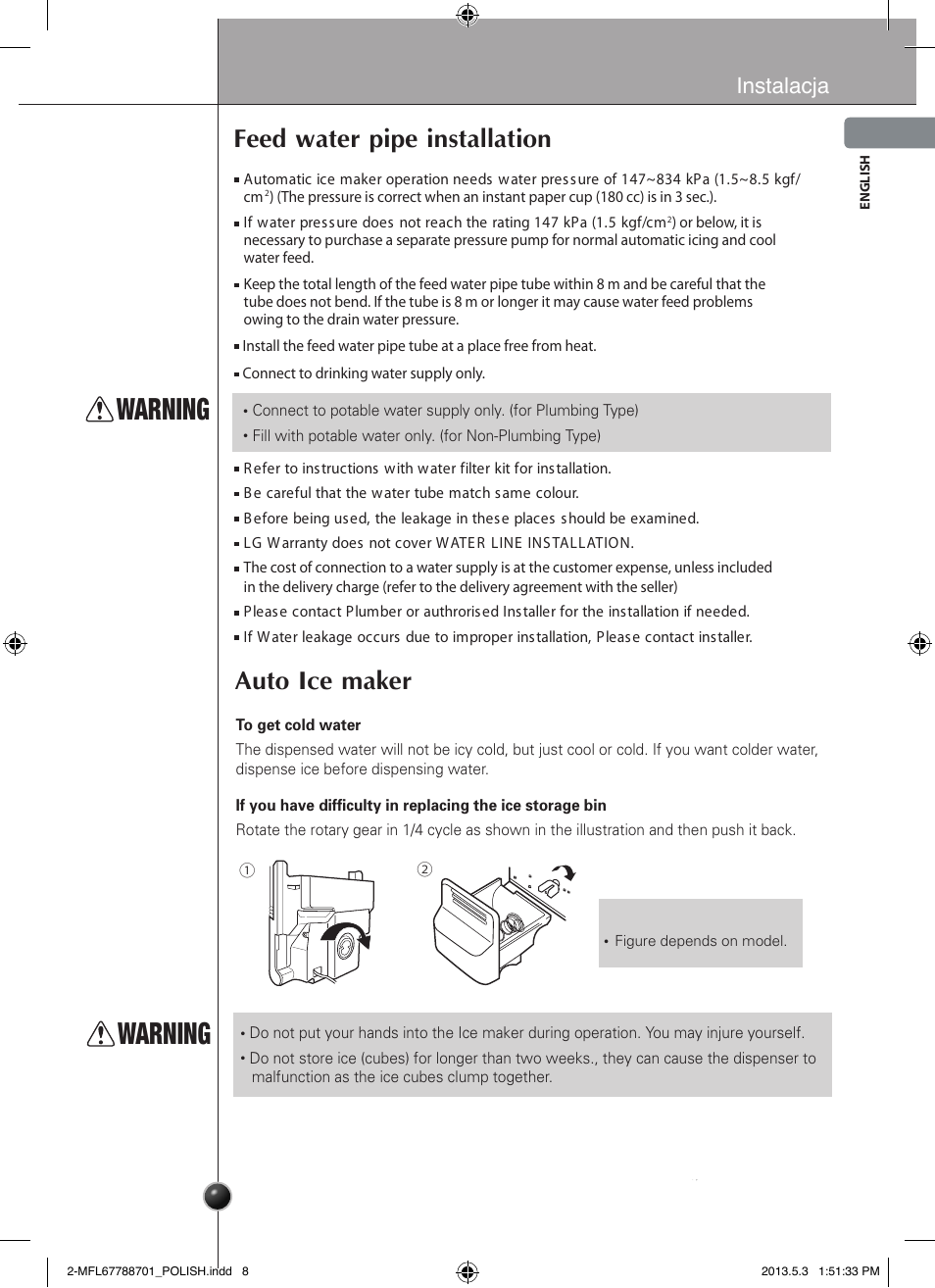 Warning, Feed water pipe installation, Auto ice maker | Instalacja | LG GSL545NSQV User Manual | Page 9 / 324