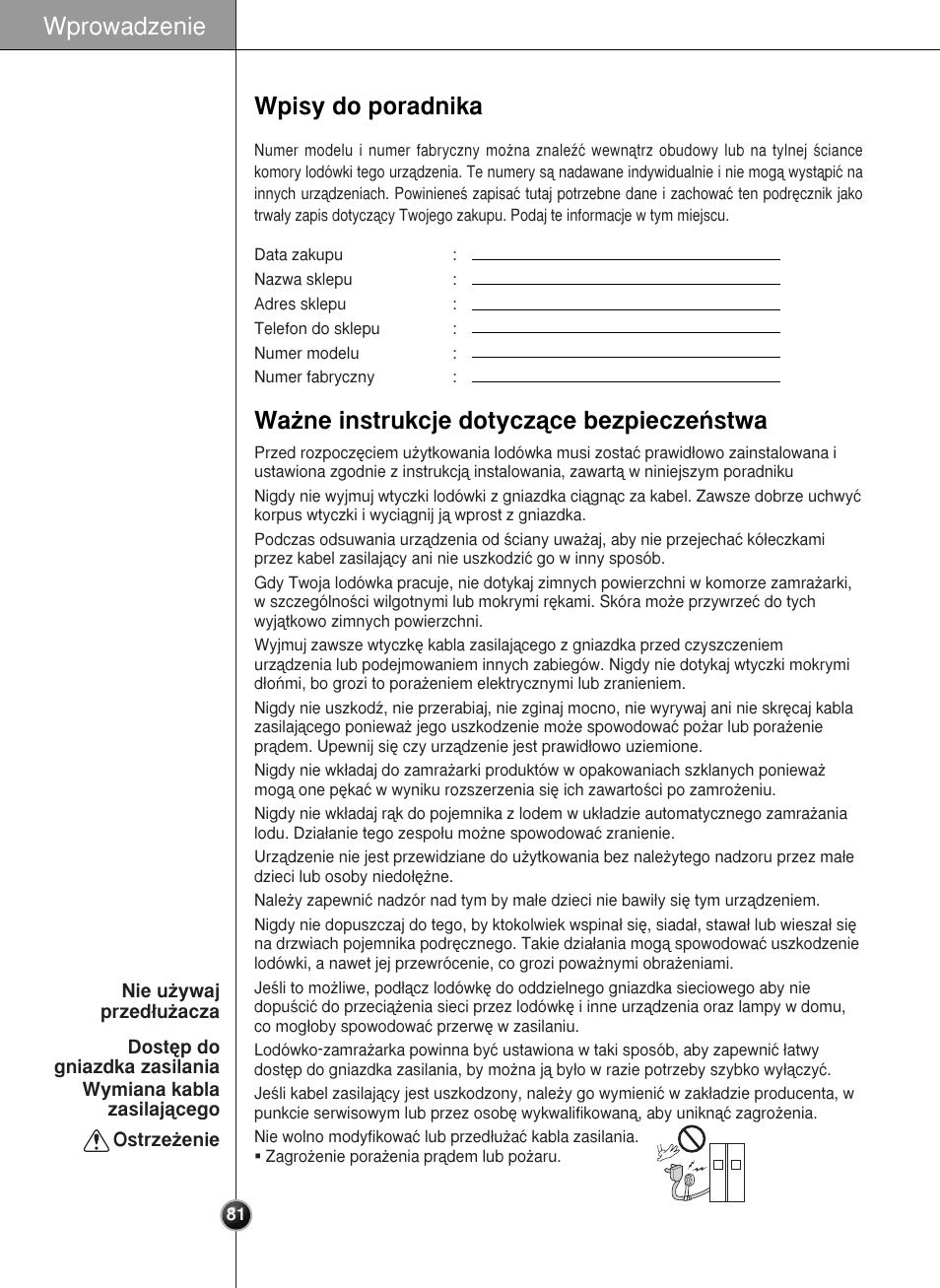 Wpisy do poradnika, Wprowadzenie, Wa˝ne instrukcje dotyczàce bezpieczeƒstwa | LG GR-L227YLQA User Manual | Page 81 / 132