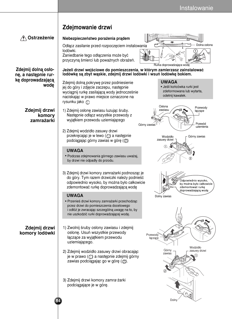Zdejmowanie drzwi, Instalowanie | LG GR-L227YLQA User Manual | Page 84 / 132