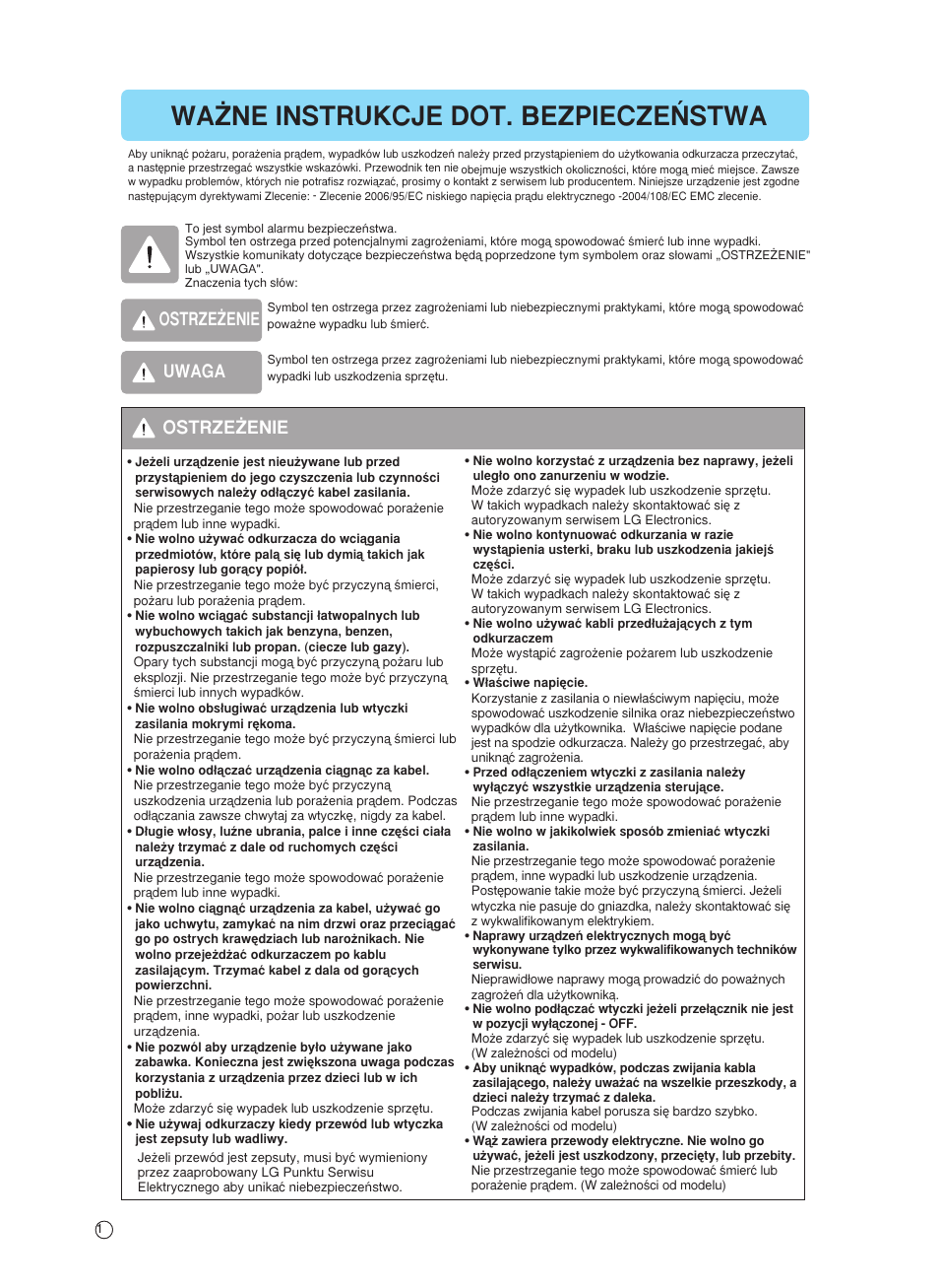 Wa˚ne instrukcje dot. bezpiecze¡stwa, Ostrze˚enie, Ostrze˚enie uwaga | LG VC4916NNTQ User Manual | Page 11 / 31