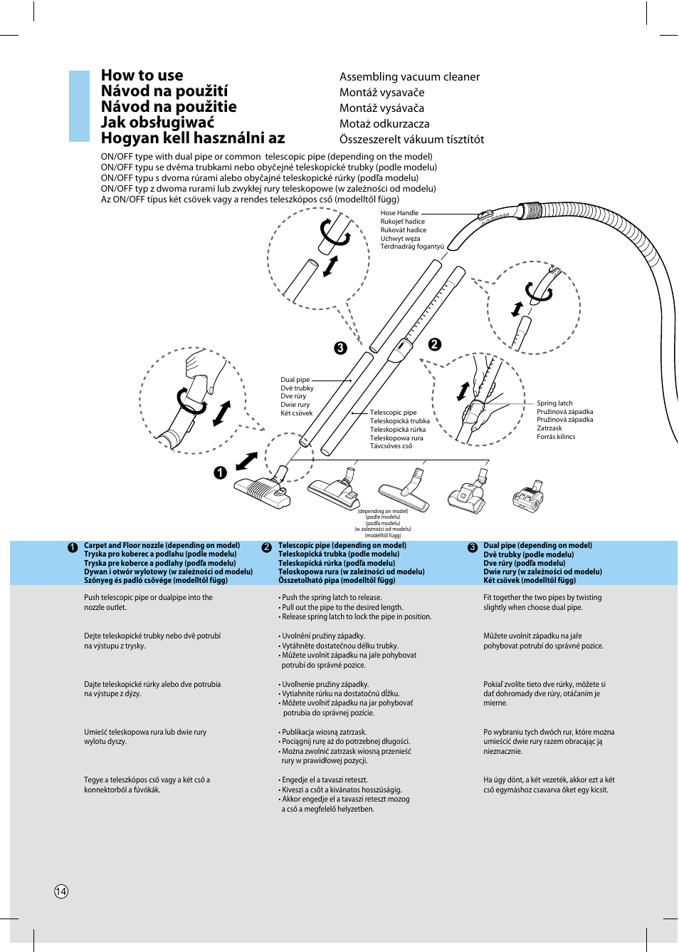 How to use, Návod na použití, Návod na použitie | Jak obsługiwać, Hogyan kell használni az, Assembling vacuum cleaner, Montáž vysavače, Montáž vysávača, Motaż odkurzacza, Összeszerelt vákuum tísztítót | LG VC4916NNTQ User Manual | Page 15 / 31